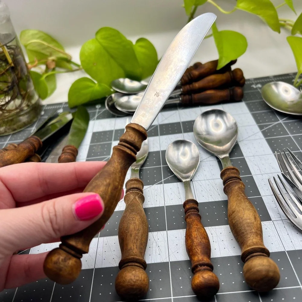 WMF Cromargan Burgund Flatware Set 29pc German Hand Turned Teak Handles MCM